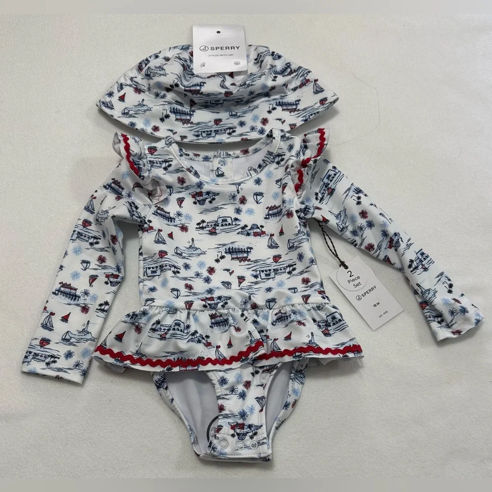 Infant Girl 18M Sperry Nautical One Piece Rashguard & Hat Set - Blue Red - NWT